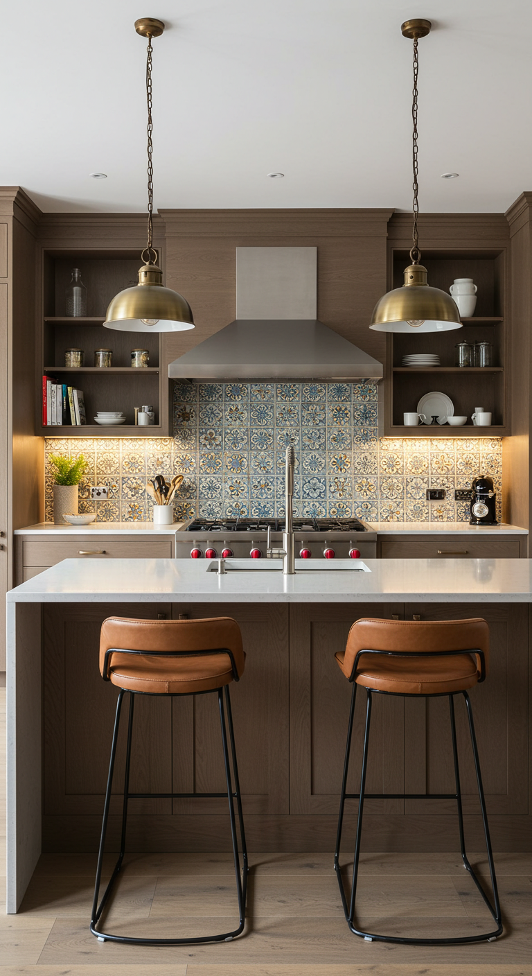 Essential Tips for Kitchen Design and Layout
Modern kitchen with a sleek island featuring two leather stools, brass pendant lights, and a stove with colorful tile backsplash, creating a warm ambiance.