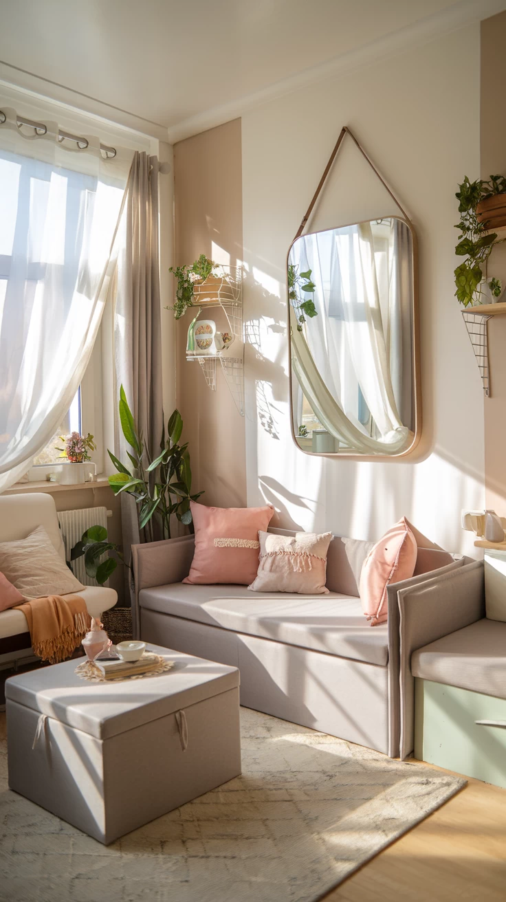 Designing Delight: Charming Small Living Room Design Ideas
Cozy living room with soft pastel decor. A gray sofa with pink cushions, sunlit sheer curtains, plants, and a wall mirror create a serene ambiance.