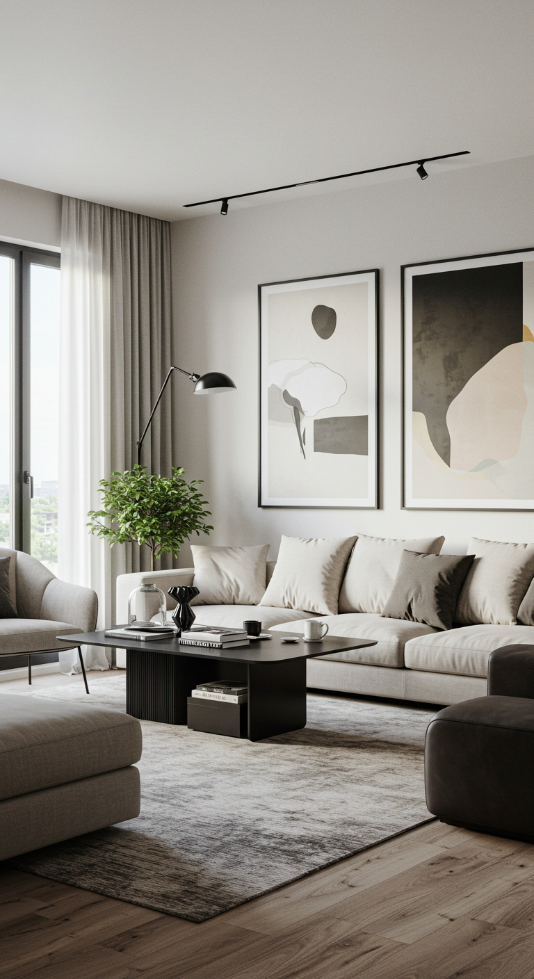 A stylish modern living room featuring minimalist furniture, a neutral color palette with pops of vibrant art pieces, large windows allowing natural light to flood in, a sleek coffee table, contemporary rugs, and greenery accents, creating a harmonious and inviting atmosphere.