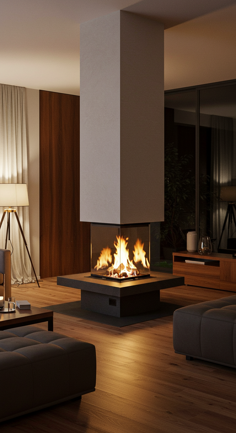 A sleek, contemporary fireplace design integrated into a modern living room, featuring minimalist lines, a geometric shape, and a combination of warm wood and polished stone materials, surrounded by stylish furniture and soft ambient lighting.