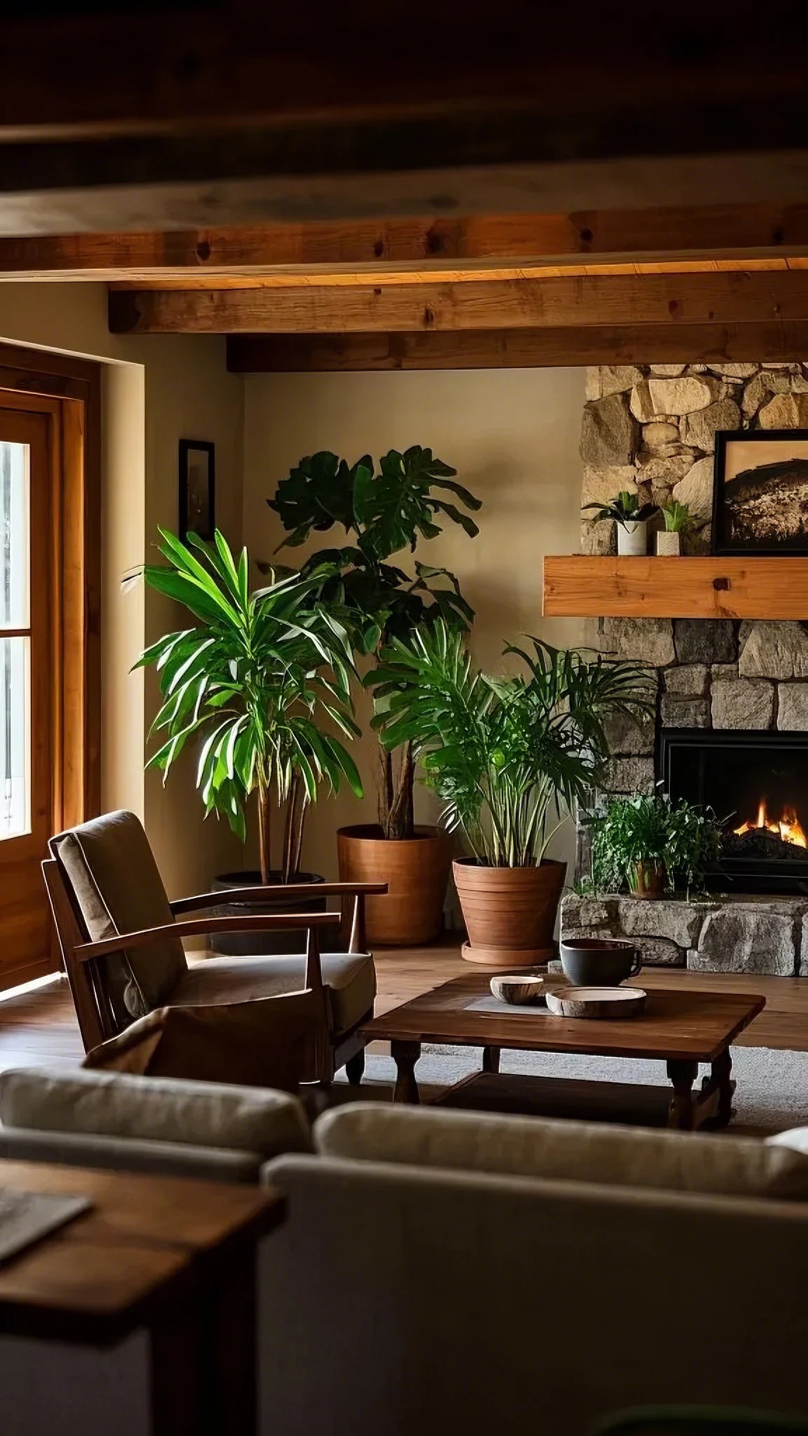 Incorporating Natural Elements
Adding natural pieces to your living room adds warmth and texture. These pieces make the room look better and healthier. Let’s look at tips for a cozy living room. We’ll see how natural touches can change your space.