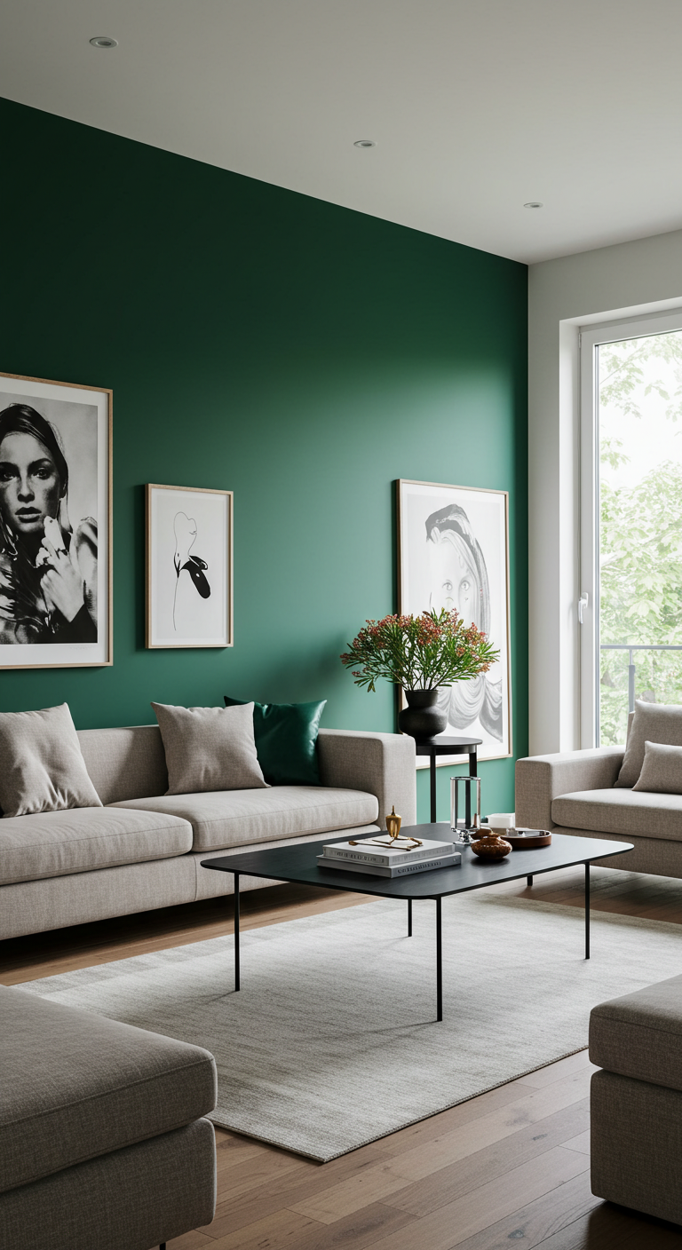 A contemporary living room featuring a striking bold accent wall in deep emerald green, complemented by modern furniture in neutral tones, minimalist decor, and vibrant art pieces. The space is well-lit with natural light streaming through large windows, creating a cozy yet stylish atmosphere.