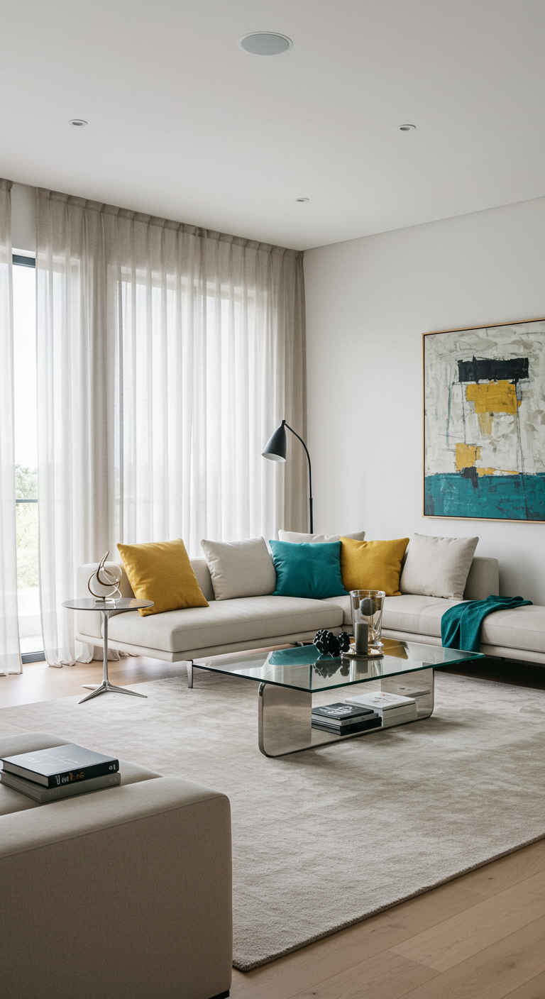 Chic Contemporary Living Room Design Ideas
Modern living room with a beige sectional sofa, accented by yellow and teal pillows. A tall lamp stands beside it. Abstract art hangs on the wall, and a glass coffee table sits on a plush rug, conveying a cozy and sophisticated atmosphere.