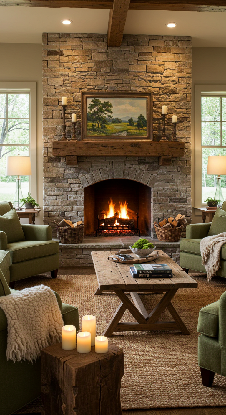 Rustic Living Room Design Ideas
Cozy living room with a stone fireplace and a crackling fire. Green armchairs surround a wooden coffee table. Soft lighting creates a warm, inviting atmosphere.