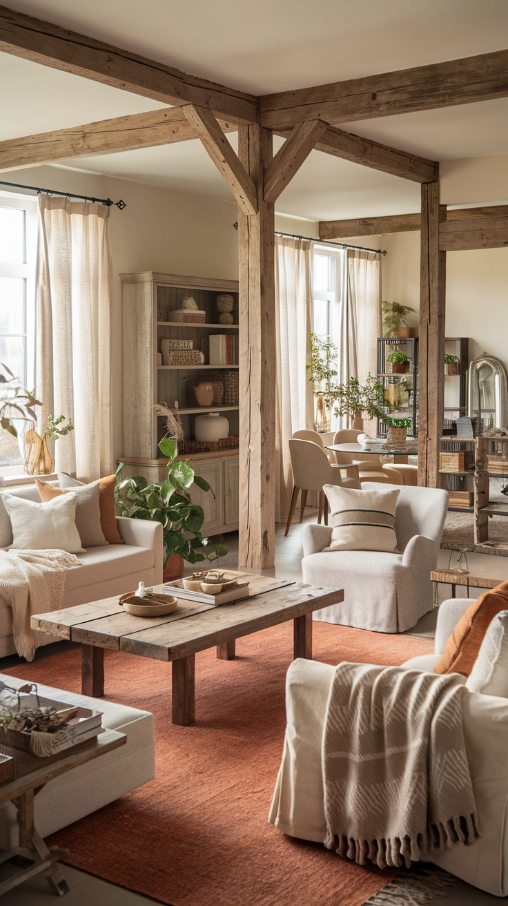 Cozy Up Your Home: Farmhouse Living Room Design Ideas
Cozy living room with wooden beams, neutral furniture, and green plants. Warm tones, soft lighting, and natural textures create a relaxing atmosphere.