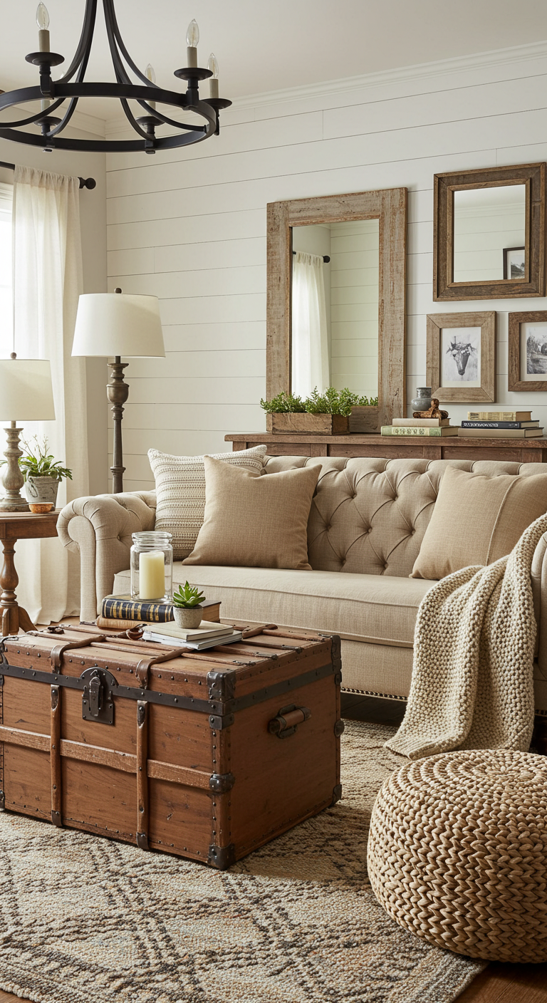 Cozy living room with a beige tufted sofa, rustic wooden trunk as a coffee table, soft knit blankets, and framed nature art on shiplap walls. Warm and inviting.