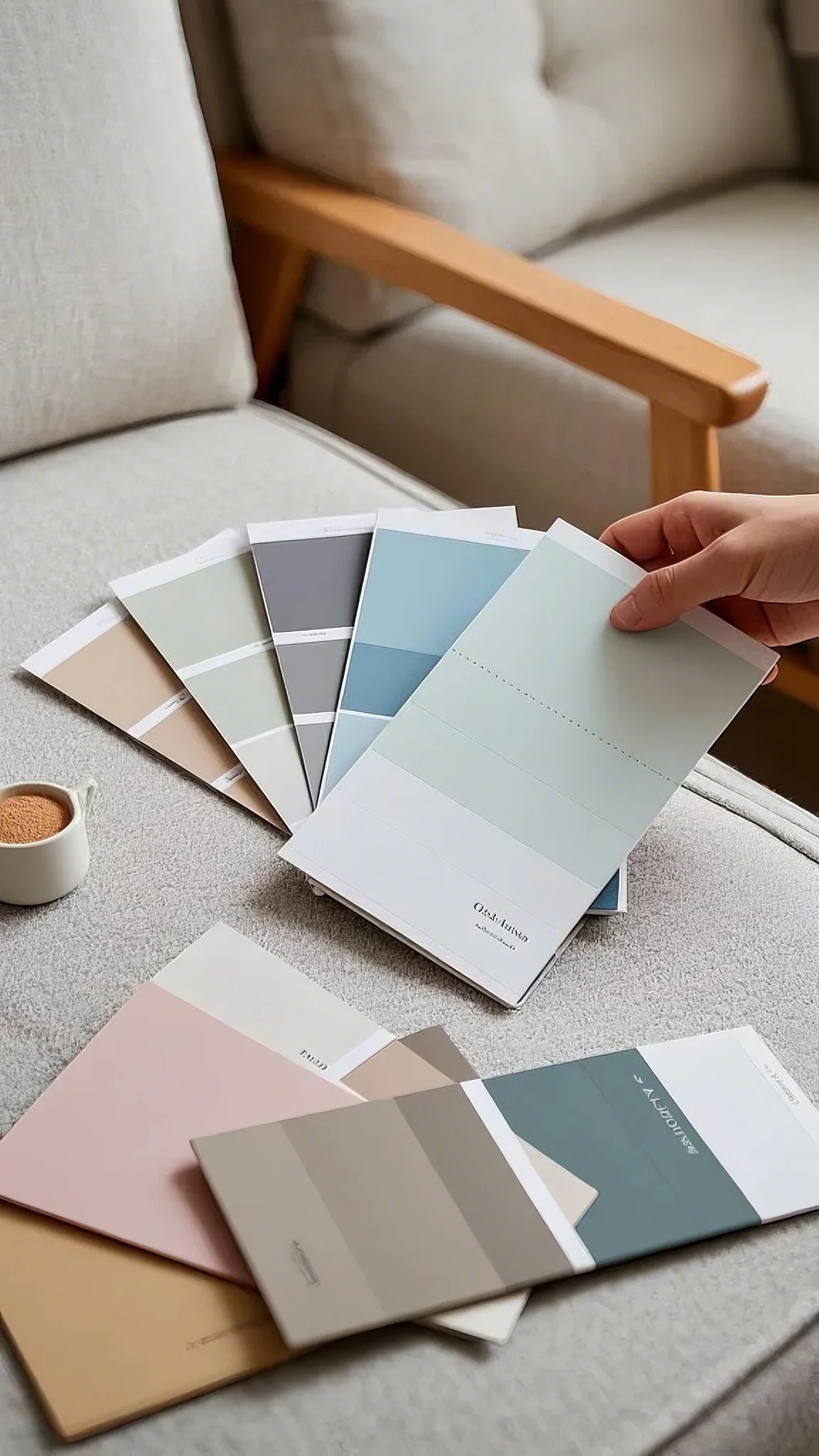 A hand holds pastel blue paint swatches over a beige sofa. Various colored swatches are spread on the sofa, next to a small white mug.