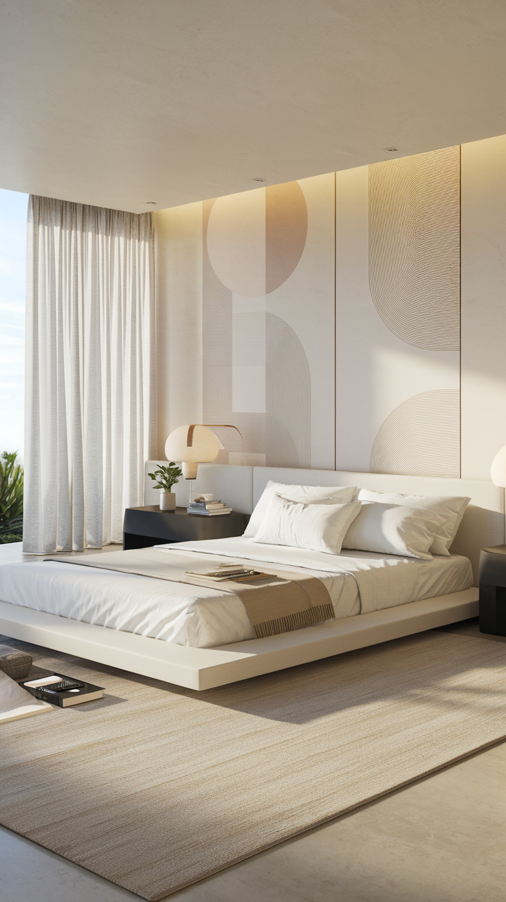 Top 10 Bedroom Ideas to Match Any Decorating Style
Minimalist bedroom with a platform bed, white bedding, and geometric wall design. Soft natural light through sheer curtains creates a serene atmosphere.