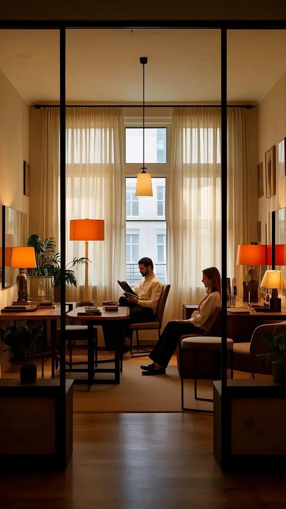 A cozy living room with large windows and sheer curtains. Two people sit on armchairs, reading. Soft ambient light from table lamps creates a calm, inviting atmosphere.