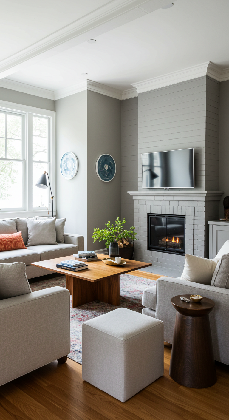 Modern living room with gray walls, a cozy fireplace, and a mounted TV. Neutral-toned furniture surrounds a wooden coffee table. Large windows brighten the space.