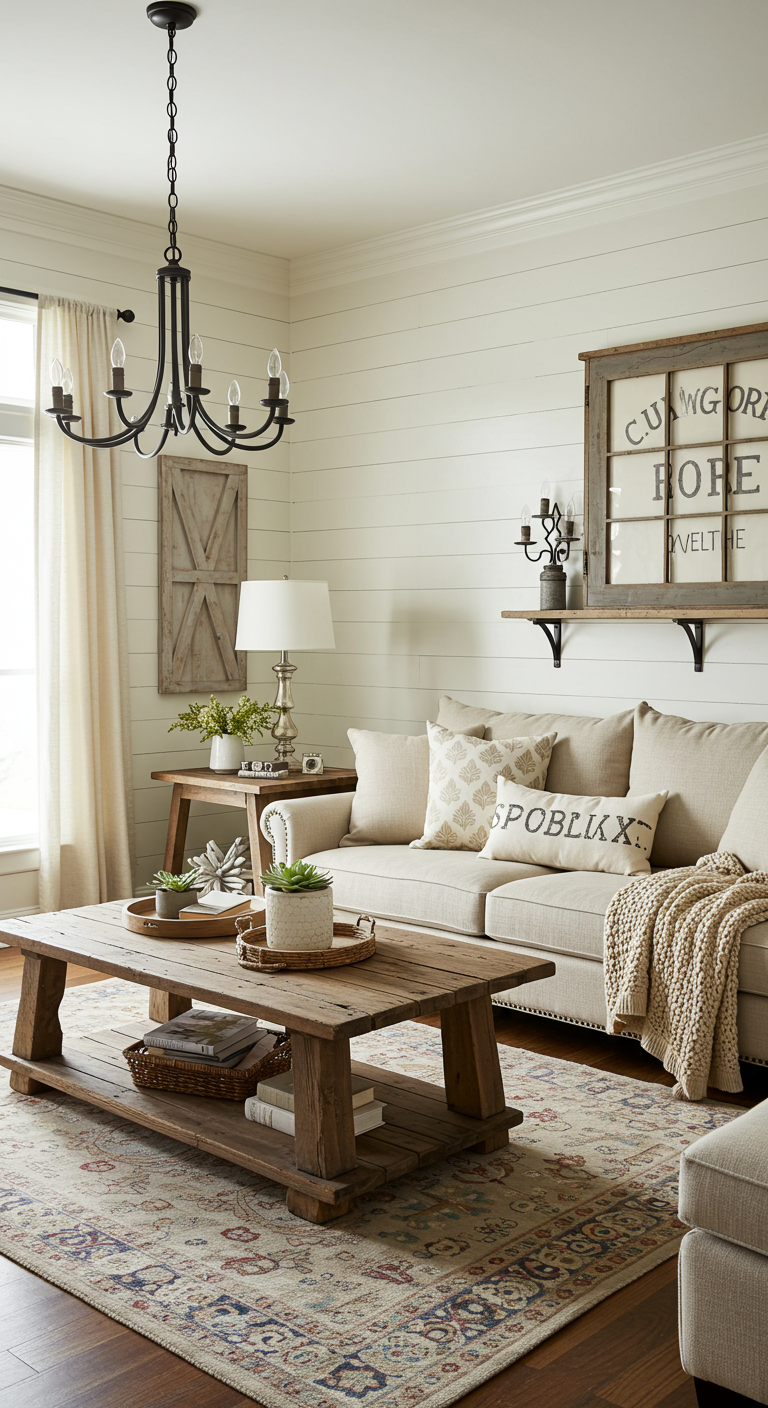 Contemporary Modern Farmhouse Decor Concepts
A cozy living room featuring beige sofas with patterned pillows, a rustic wooden coffee table with plants, a vintage chandelier, and farmhouse decor.