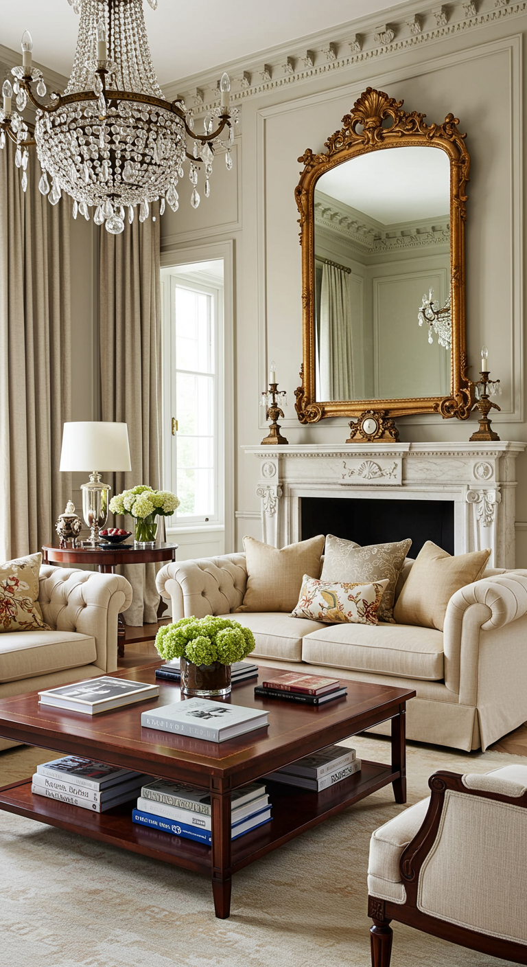 10 Timeless Living Room Themes to Try
Elegant living room with a grand chandelier, ornate mirror above a white fireplace, beige sofas, a wooden coffee table with books, and plush pillows.