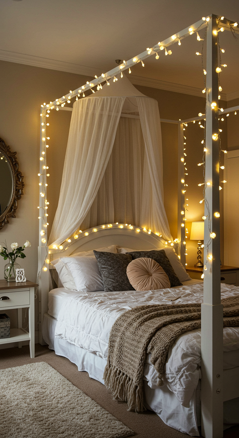 15 Cozy Bedroom Lighting Ideas for a Warm and Inviting Retreat
Cozy bedroom with warm fairy lights on a canopy bed. Soft white bedding, taupe throw, and accent pillows. Elegant ambiance with a decorative mirror and lamp.