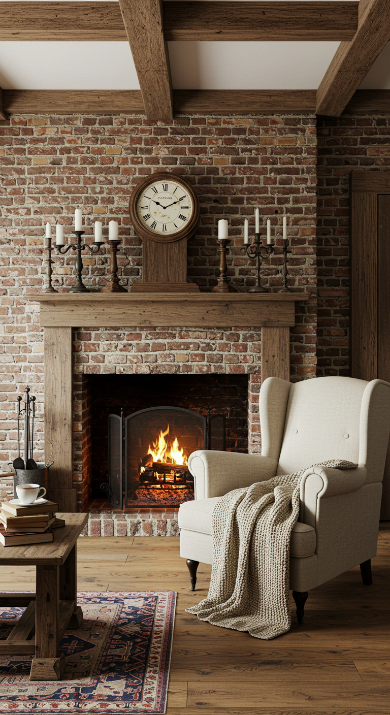 Cozy living room with a brick fireplace, lit fire, and a wooden mantle with a clock. A beige armchair with a knitted blanket adds warmth.