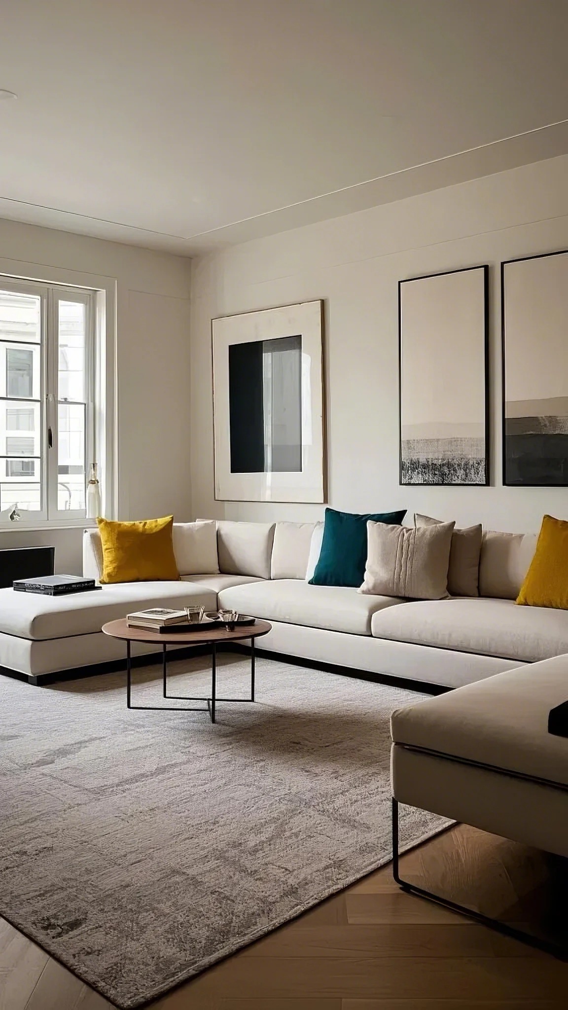 A modern living room with a cream sofa adorned with yellow and teal cushions. Minimalist art on the walls, a round wooden coffee table, and soft natural light create a cozy atmosphere.