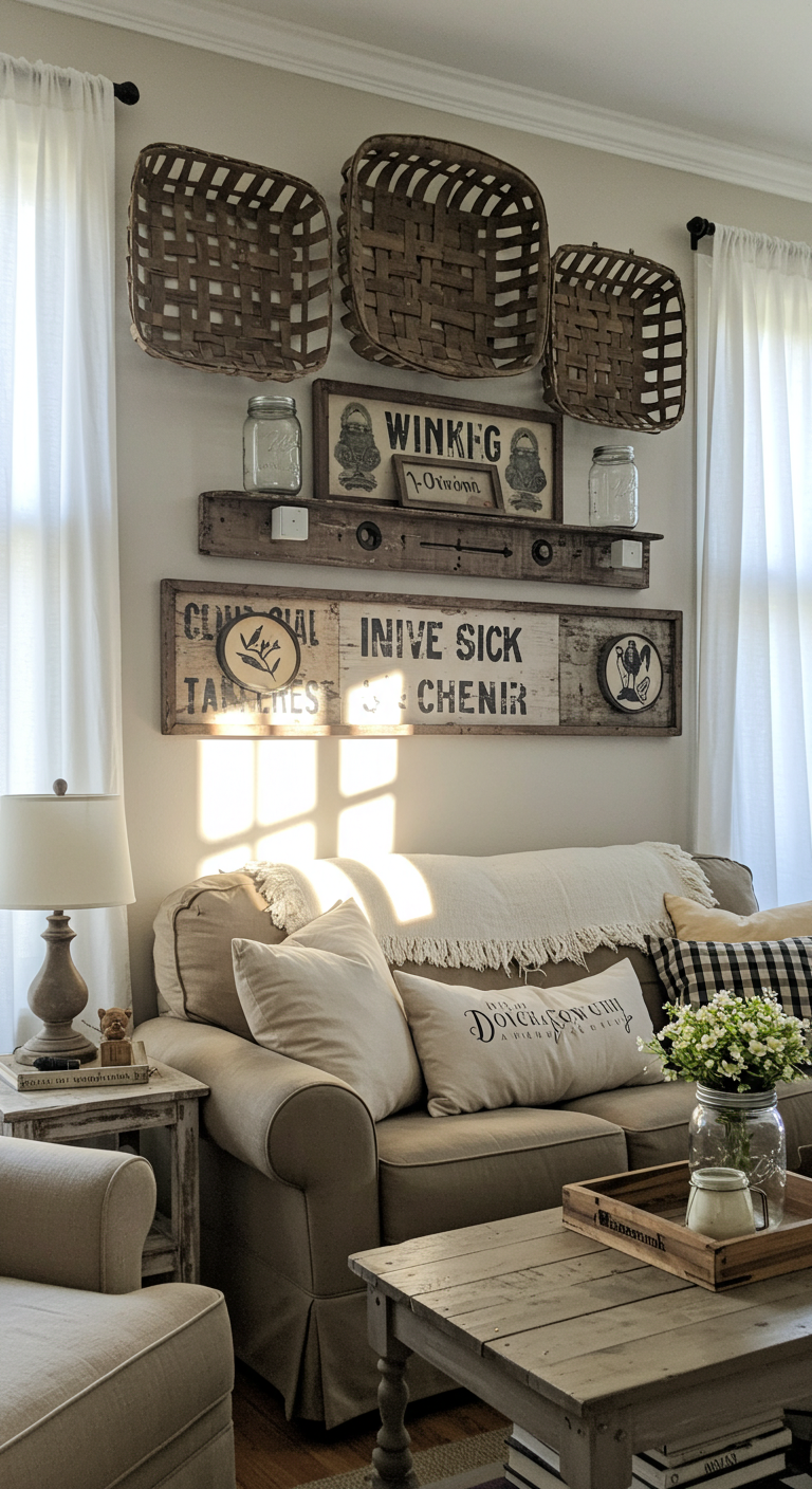 Farmhouse Wall Decor to Brighten Your Home
Cozy living room with a beige sofa, rustic decor, and warm sunlight. Wicker baskets and vintage signs adorn the wall. Inviting and serene ambiance.