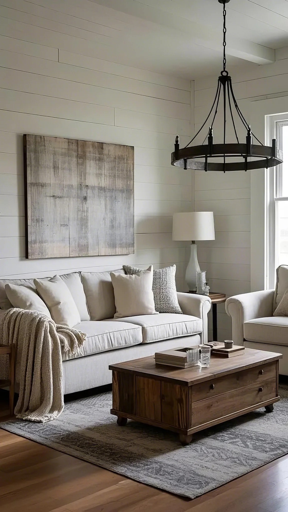 Cozy living room with beige sofas, a wooden coffee table on a textured rug, and a large rustic chandelier. Soft light from a window creates a warm, inviting atmosphere.