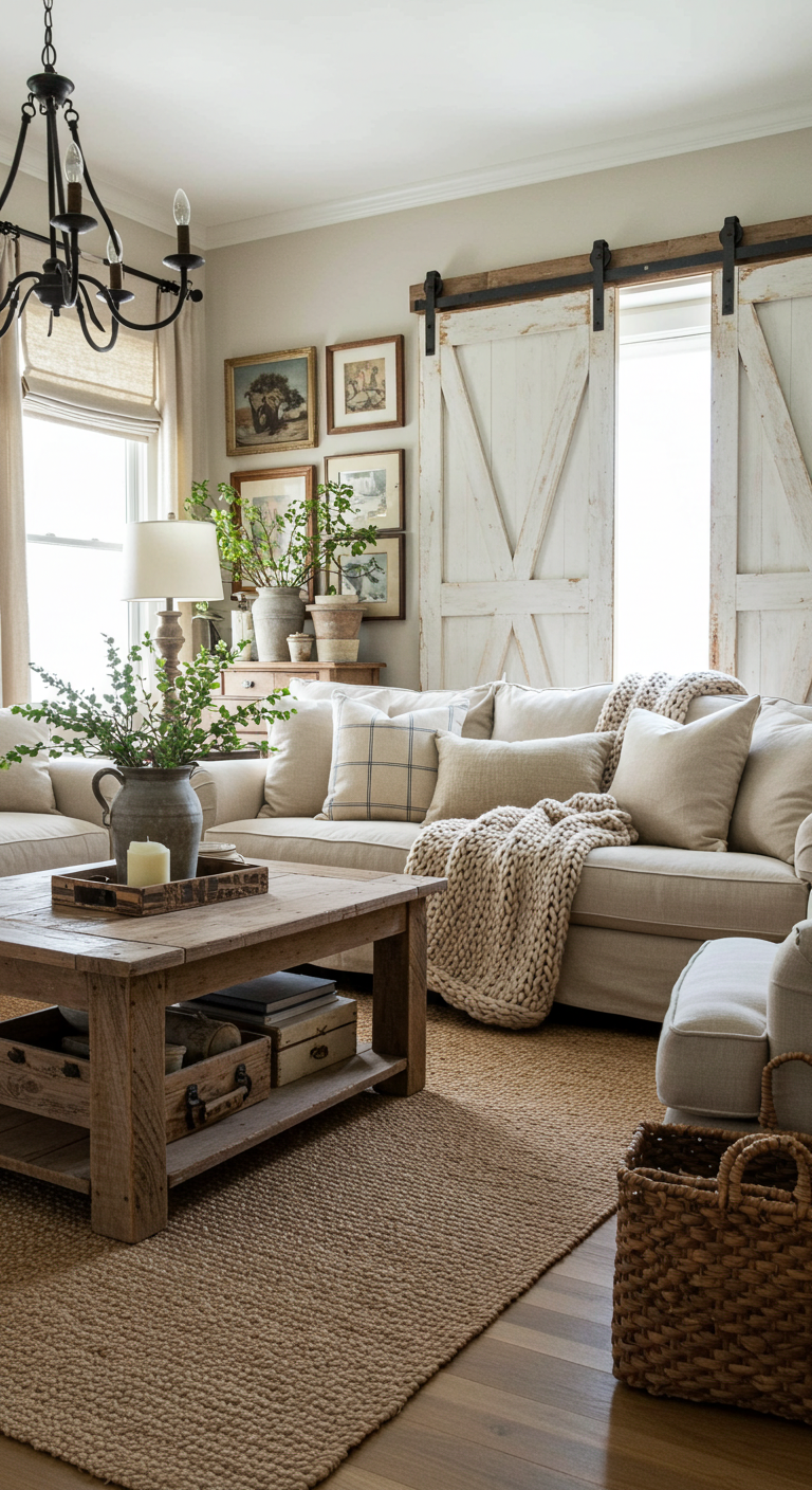 Embrace Cozy Vibes: Rustic Farmhouse Decorating Inspiration
Cozy living room with rustic decor. Beige sofa adorned with pillows and a knitted throw. Wooden coffee table and barn-style doors add warmth.