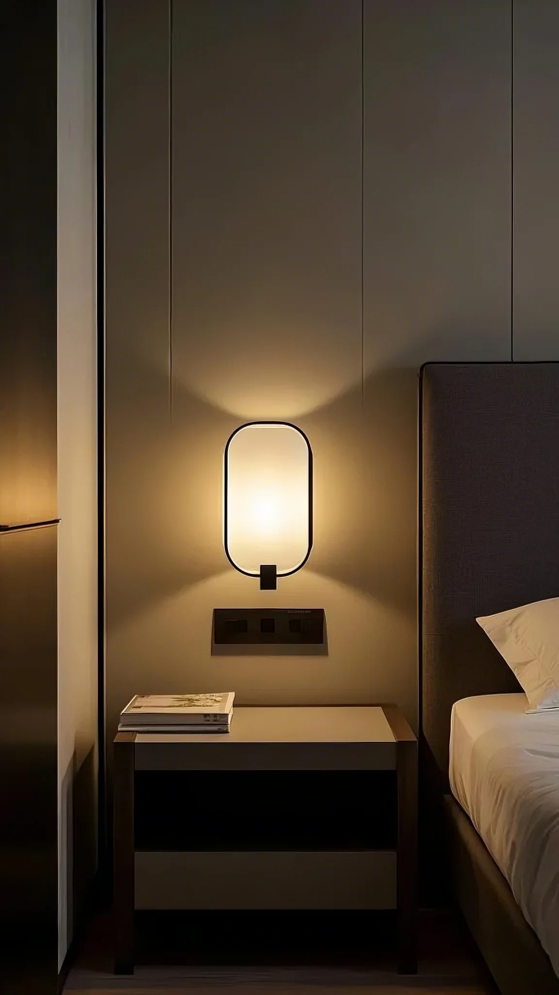 Modern bedroom with soft lighting. Oval wall lamp casts a warm glow over a nightstand with books, next to a gray upholstered bed. Cozy and serene atmosphere.