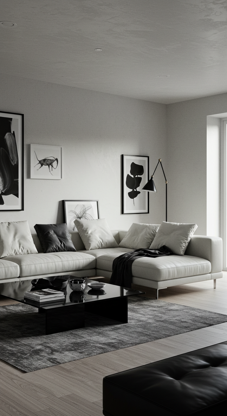 Minimalist living room with a white sectional sofa adorned with black and white pillows. Black coffee table holds books. Abstract art on white walls.