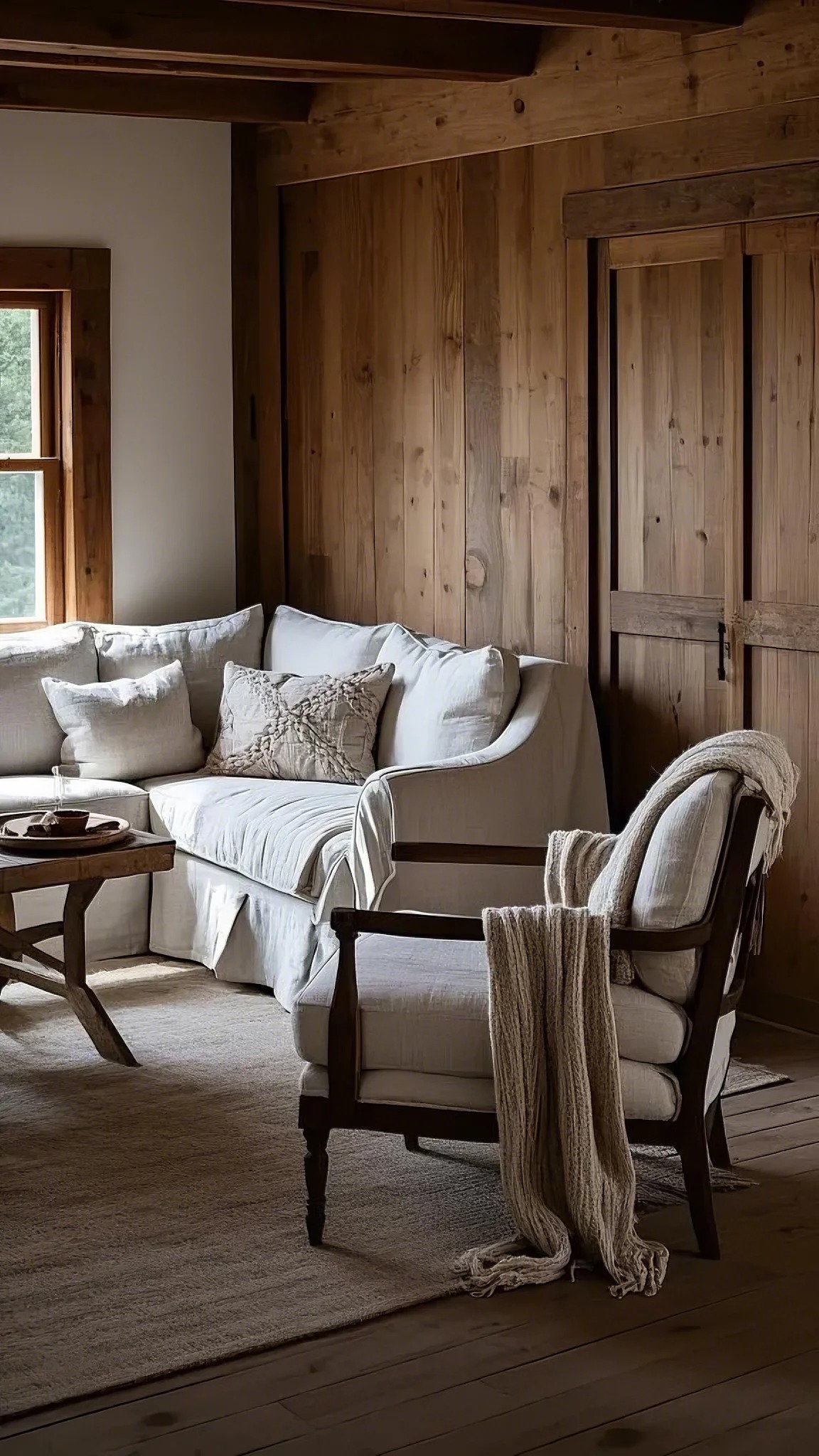 Cozy rustic living room with a soft beige sofa and pillows, a wooden coffee table, and a comfy armchair draped with a knit blanket. Warm wooden walls.