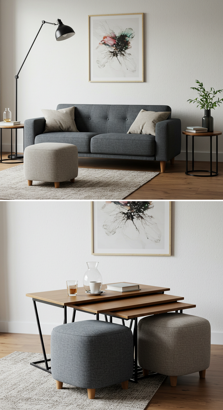 Modern living room with a gray sofa, beige and gray ottomans, and a floor lamp. Abstract art hangs above. The room feels calm and stylish.