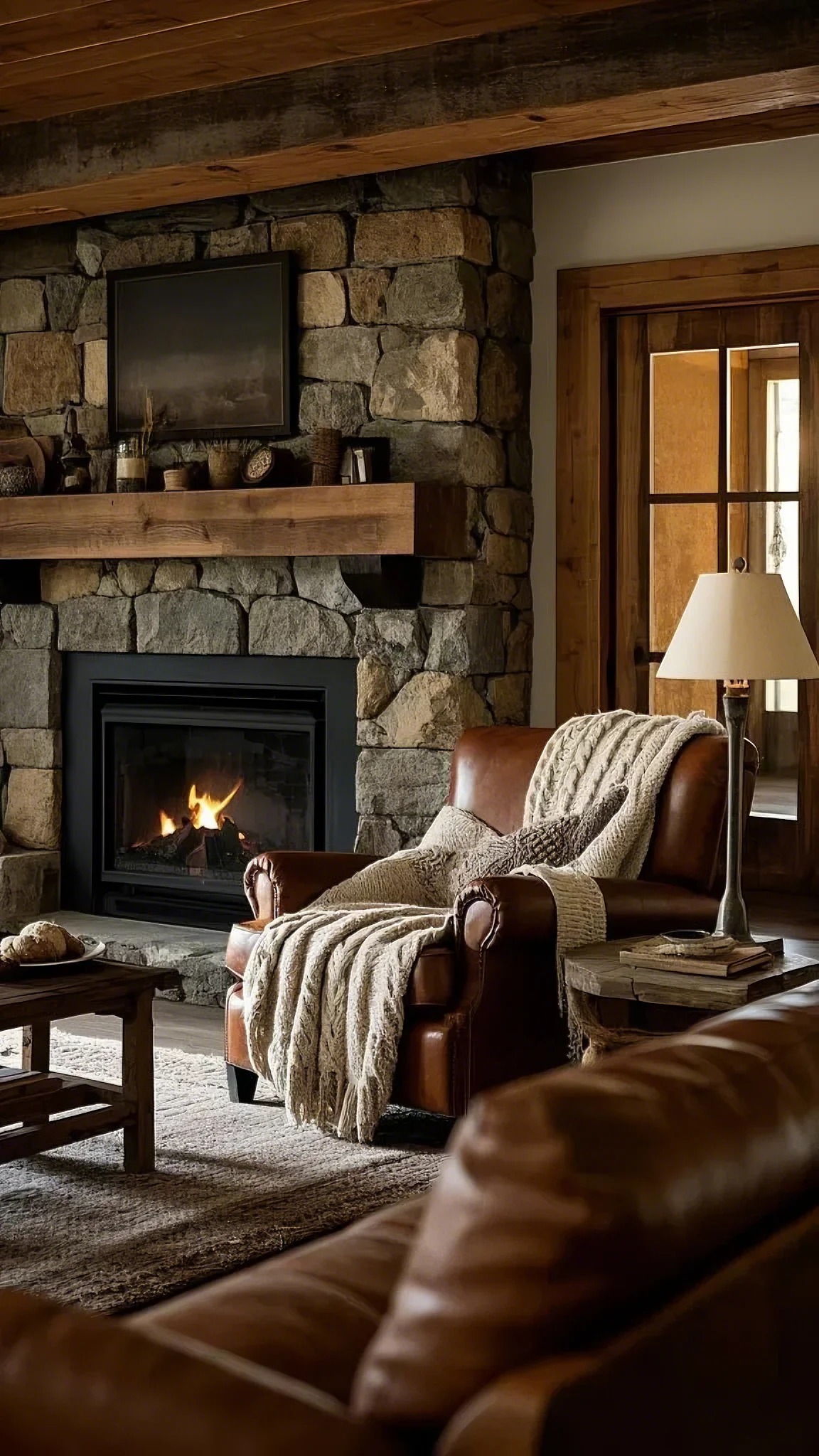 Cozy living room with stone fireplace and a warm fire. A leather armchair draped with a knit blanket sits nearby, creating a rustic, inviting atmosphere.