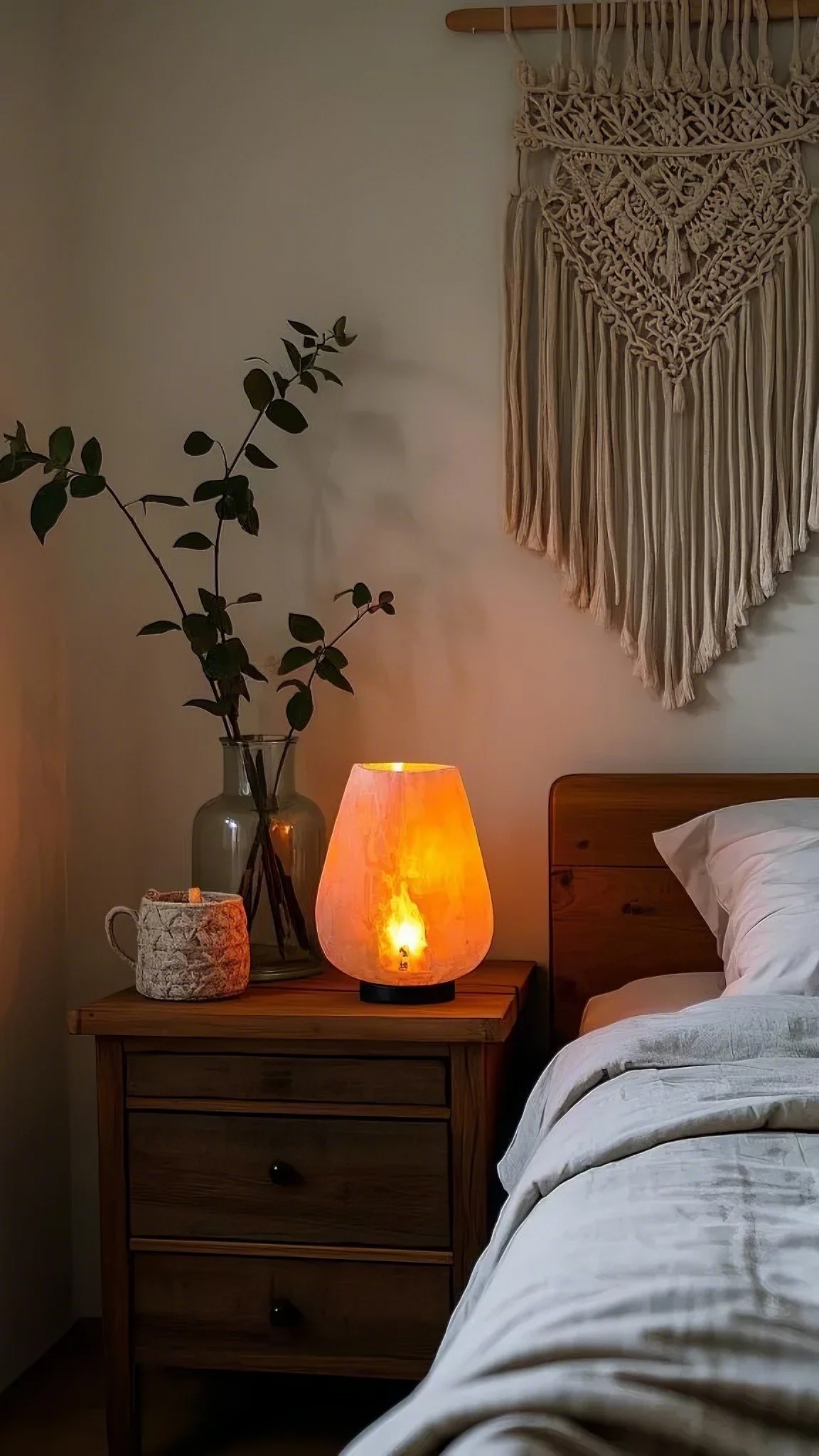 Modern bedroom with soft lighting. Oval wall lamp casts a warm glow over a nightstand with books, next to a gray upholstered bed. Cozy and serene atmosphere.