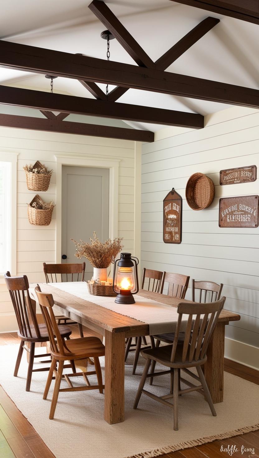 Innovative Farmhouse Decor Ideas to Inspire
Rustic dining room with a wooden table, six chairs, and a lit lantern centerpiece. White shiplap walls, exposed beams, and wicker baskets add warmth.