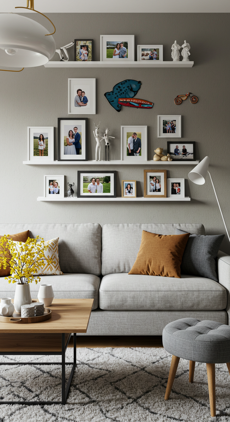 Living room with a gray couch and colorful pillows. Above, white shelves display family photos and decorative items, creating a cozy, familial atmosphere.