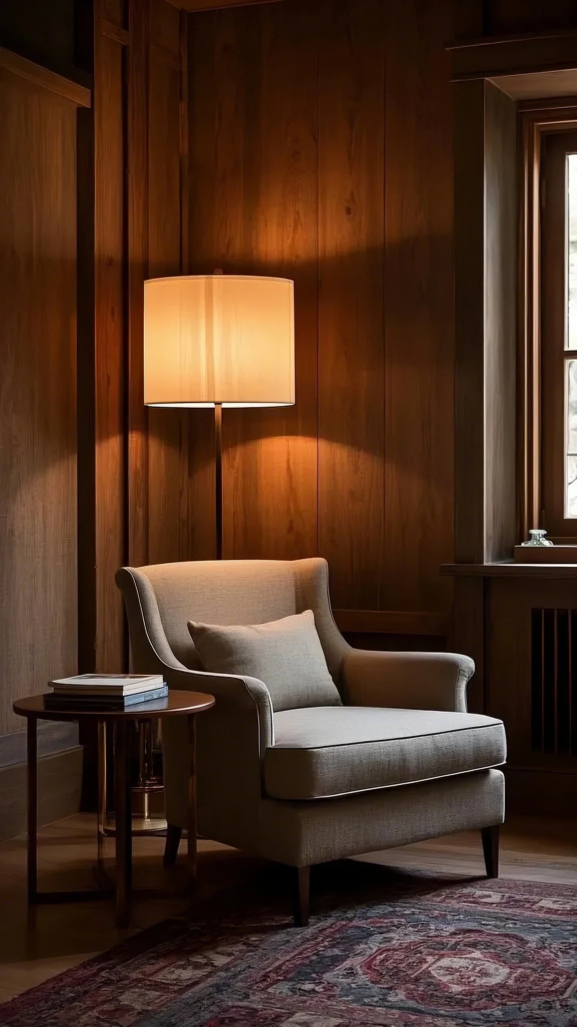 Cozy room with a beige armchair and a soft cushion beside a lit floor lamp. Wooden walls and window create a warm, inviting atmosphere. Small table with books.