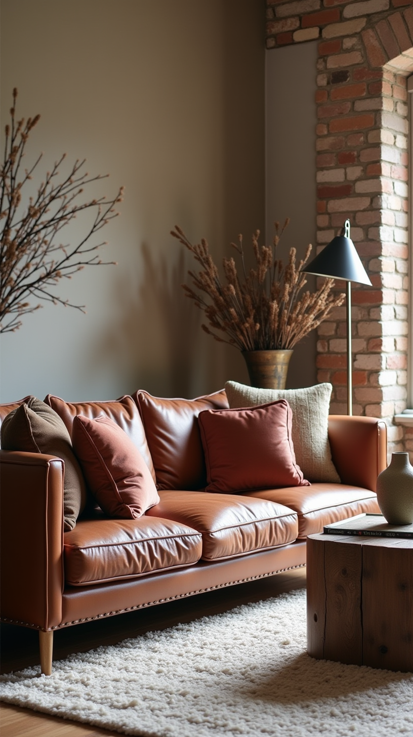 A cozy living room with a brown leather couch adorned with red and beige pillows sits on a fluffy white rug. A wooden table and vase add warmth. Brick walls enhance the rustic charm.