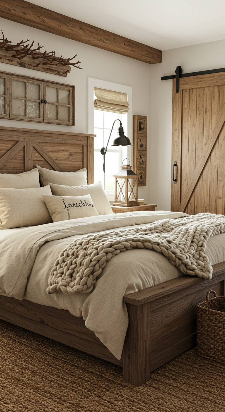 Cozy rustic bedroom with a wooden bed, beige linens, chunky knit blanket, and farmhouse decor. Warm tones, natural light, and a barn-style door add charm.