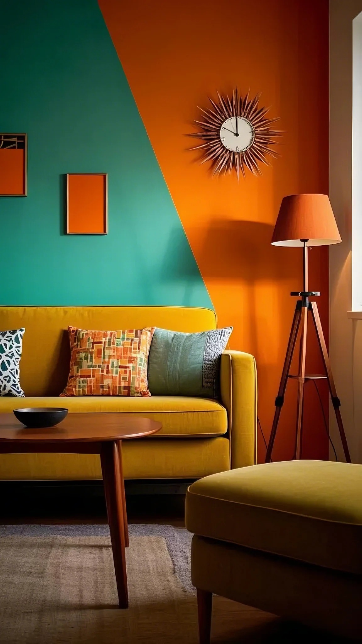 A cozy living room with a mustard yellow sofa adorned with colorful patterned cushions. The wall is teal and orange with a sunburst clock. A tall floor lamp stands beside, adding warmth. A wooden coffee table with a black bowl completes the scene.