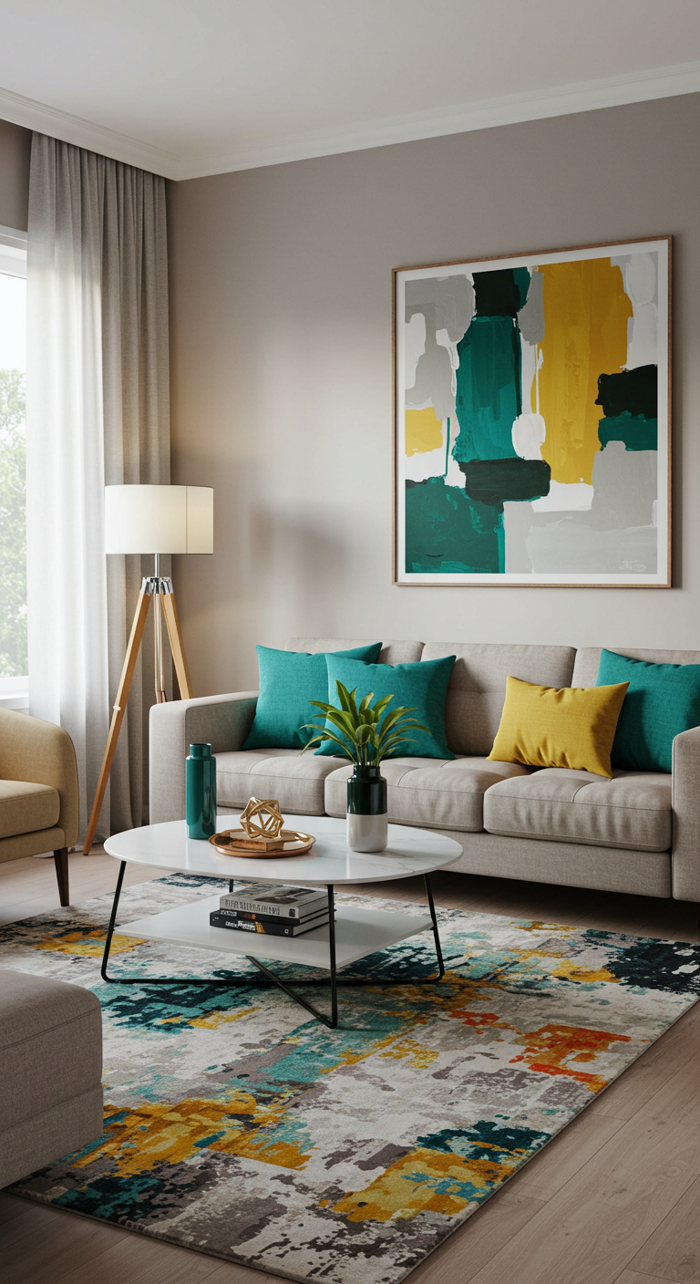 Modern living room with a gray sofa, teal and yellow pillows, abstract artwork, tripod lamp, and a patterned rug. Bright, cozy atmosphere.