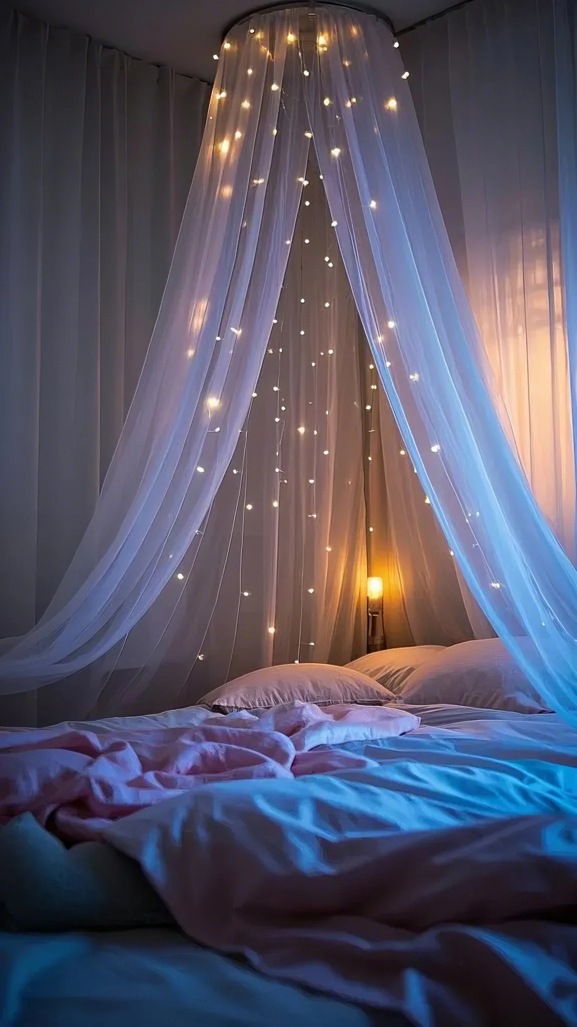 Cozy bedroom with a bed draped in soft, pink sheets. A canopy of sheer curtains adorned with twinkling fairy lights creates a dreamy atmosphere.