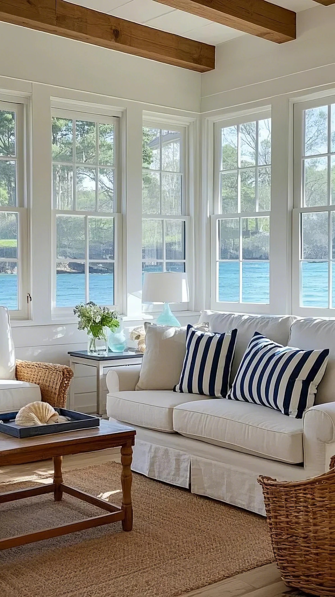 Cozy living room with white sofas, striped cushions, and woven chairs. Large windows show a view of a serene blue lake, creating a tranquil atmosphere.