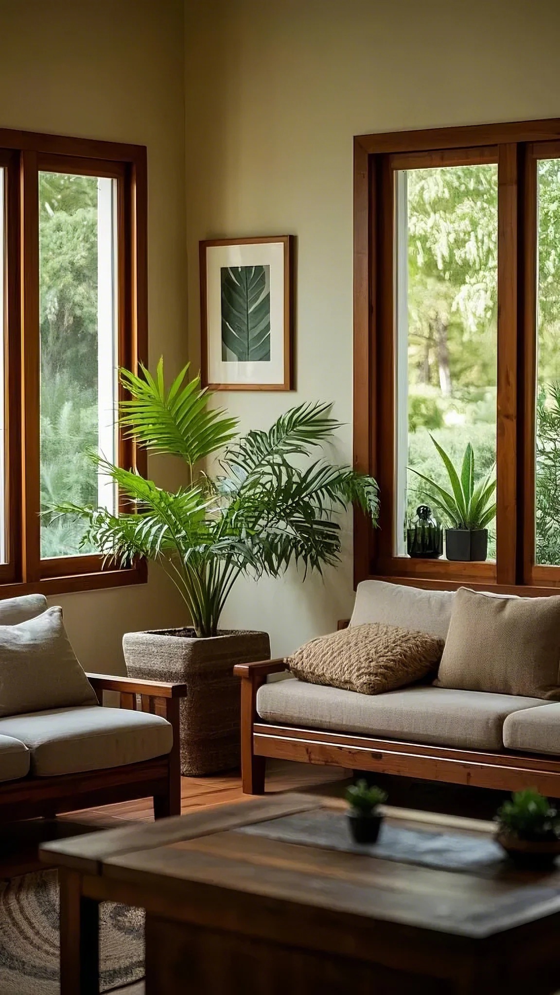 Bright living room with large windows, wooden furniture, and green plants. A framed leaf print hangs on the wall, creating a peaceful, natural ambiance.