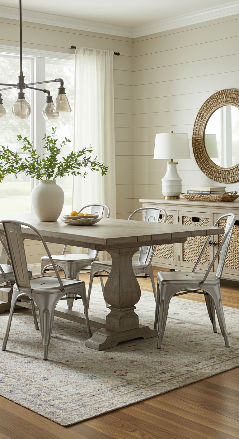 Modern dining room with a wooden table, metal chairs, and a large white vase with greenery. Soft lighting from a window creates a calm ambiance.