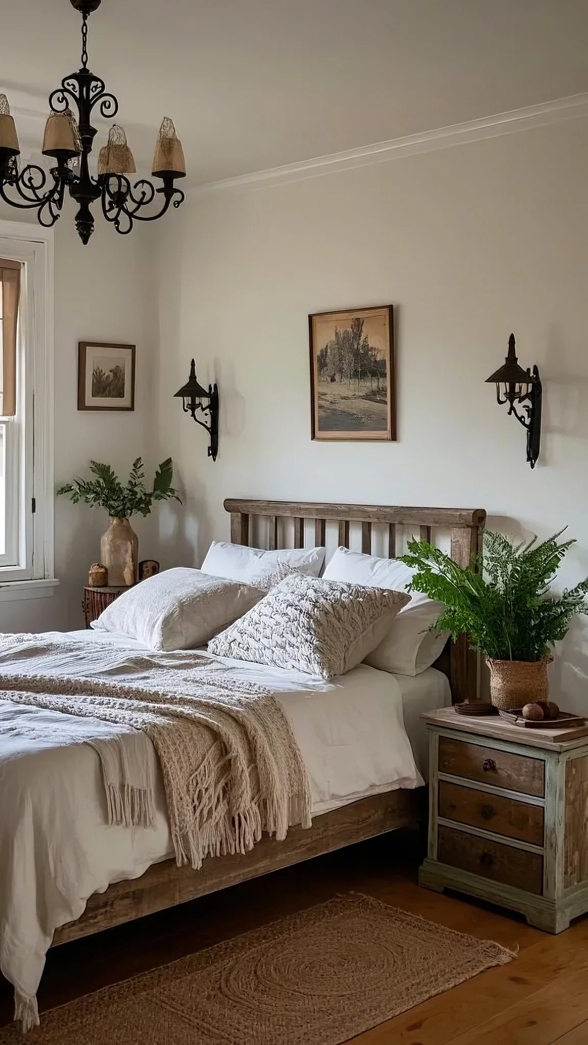 Revamp Your Space with Farmhouse Bedroom Decor
Cozy bedroom with rustic charm, featuring a wooden bed, soft pillows, knitted throw, potted plants, wall sconces, and a black chandelier. Warm, tranquil atmosphere.