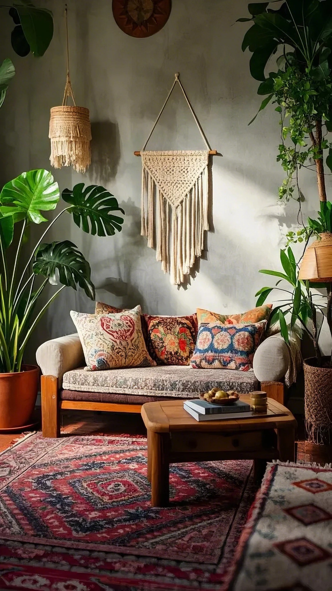 Cozy living room with a bohemian vibe. A beige sofa adorned with patterned cushions sits between lush green plants. Macramé wall hanging and woven lamp enhance the warmth.