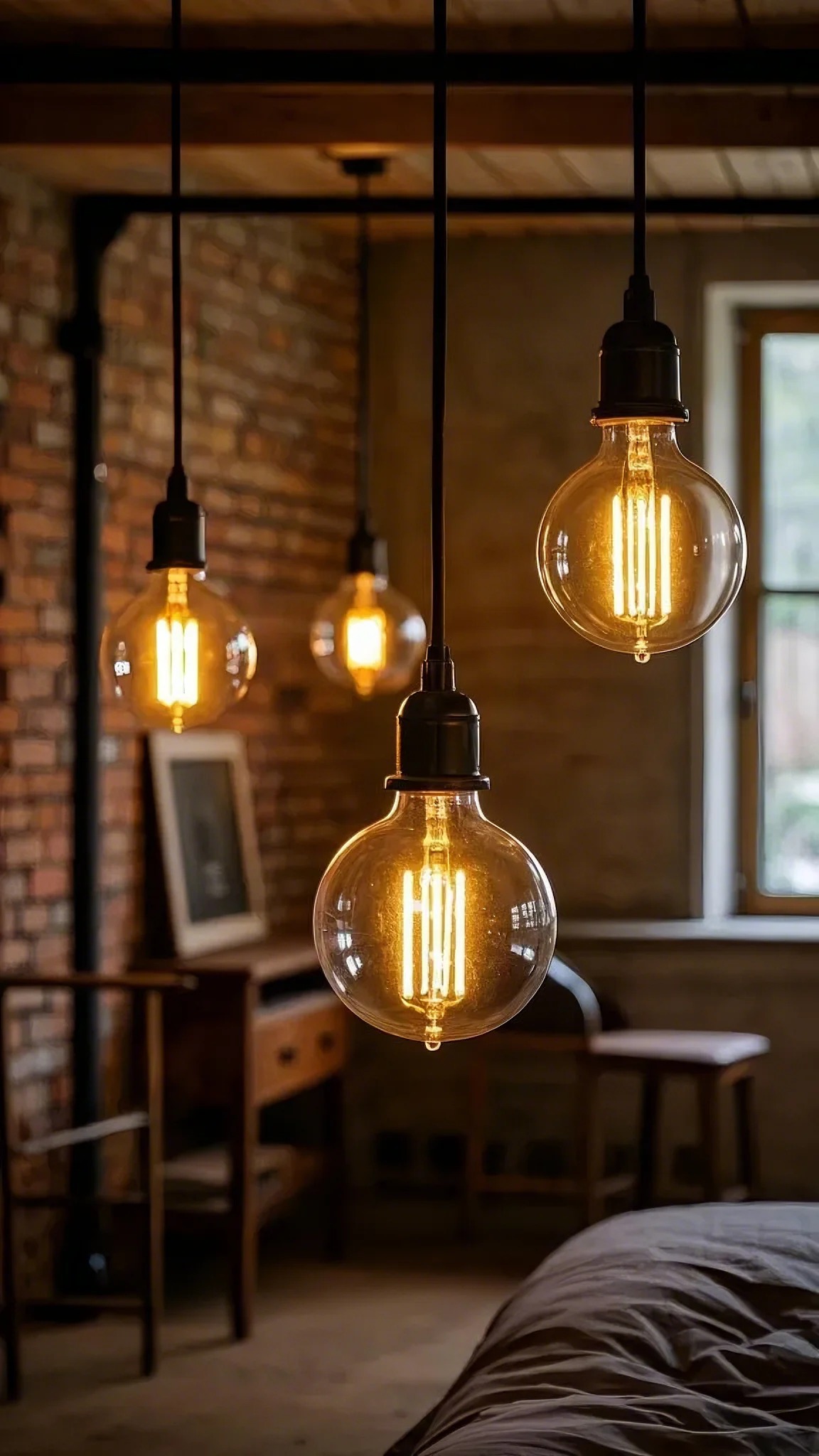 Close-up of glowing vintage light bulbs in an industrial-style room with exposed brick walls and wooden accents, creating a warm, cozy atmosphere.