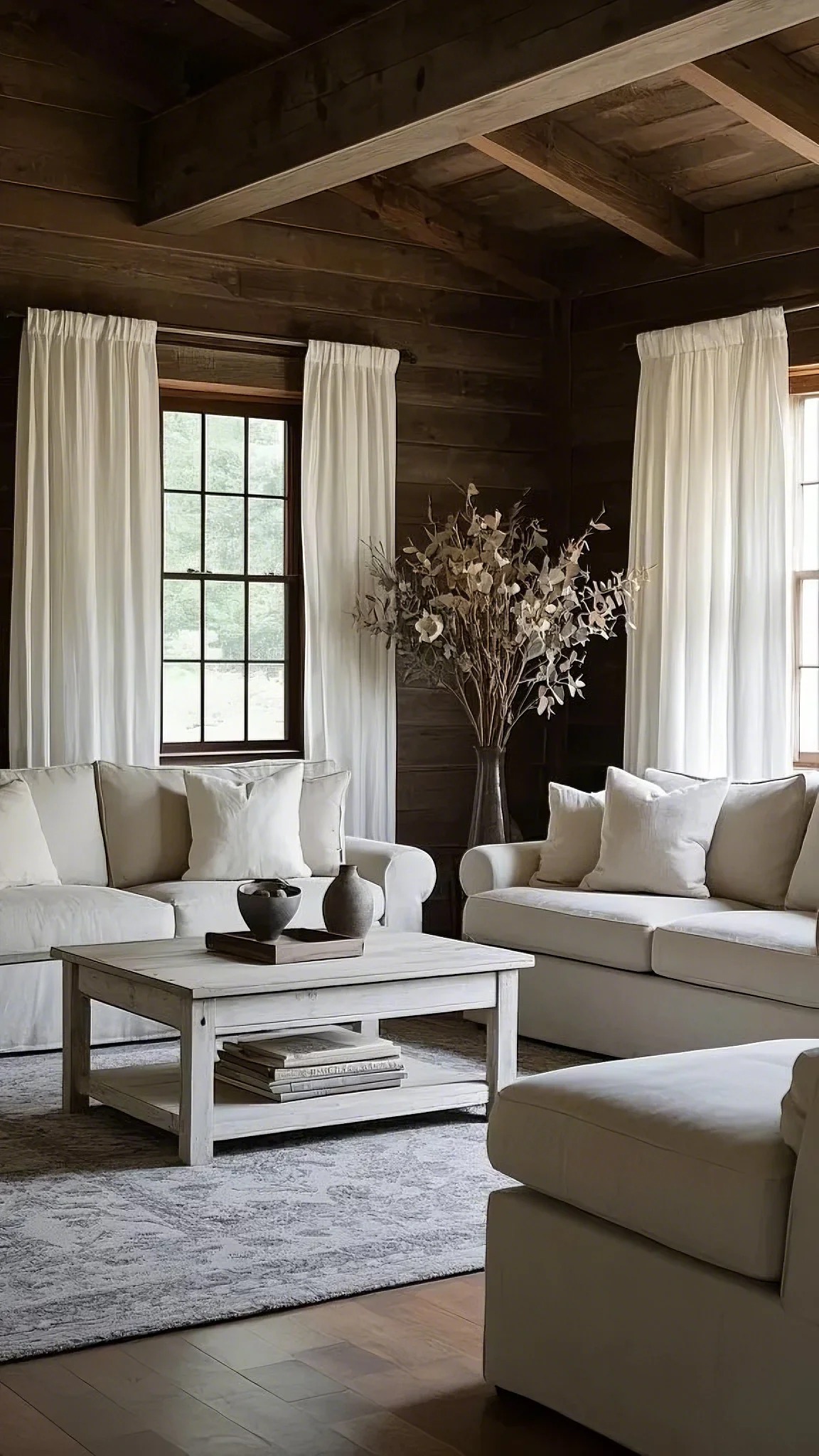 Cozy living room with white sofas, a rustic wooden coffee table, and soft curtains. Earth tones and natural light create a warm, inviting atmosphere.