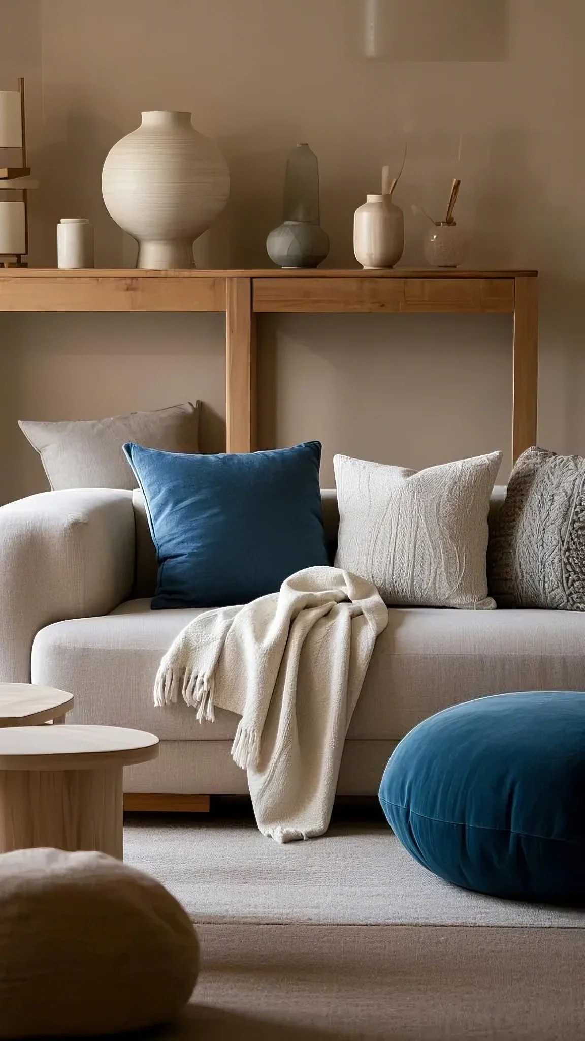 A cozy living room features a beige sofa with textured pillows in blue and cream. A soft throw blanket drapes over the edge. Behind, a wooden shelf holds ceramic vases, creating a calm, inviting atmosphere.