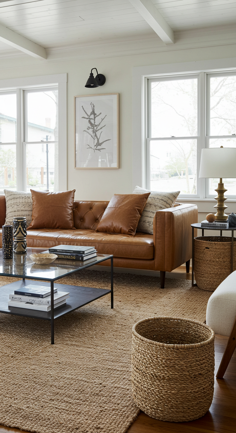 Modern living room with a brown leather sofa, cozy pillows, a glass coffee table with books, woven rugs, and natural light from large windows. Calm ambiance.