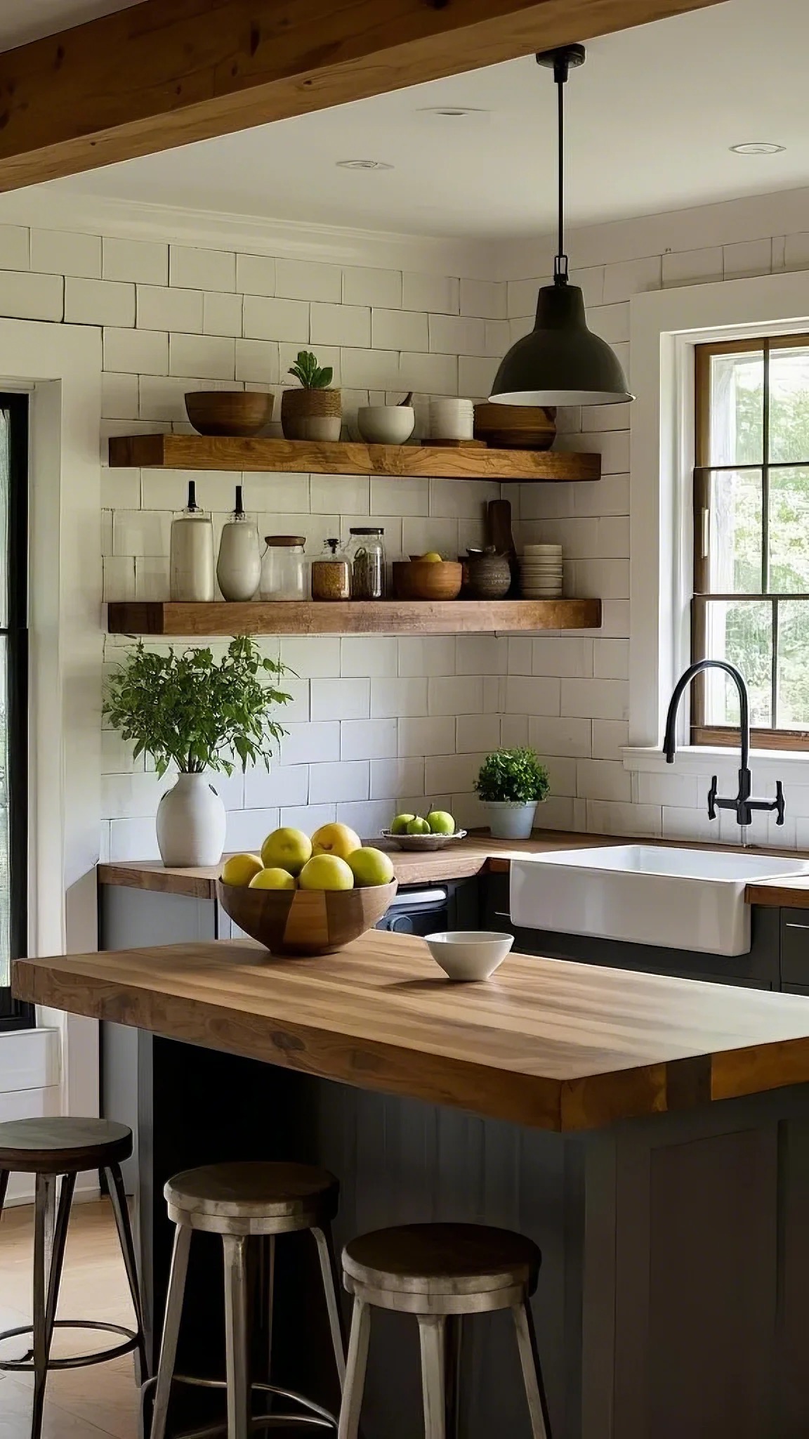 Cozy kitchen with rustic wood shelves and island, light wood countertops, white tiles, black pendant light, and a bowl of green apples, exuding warmth.