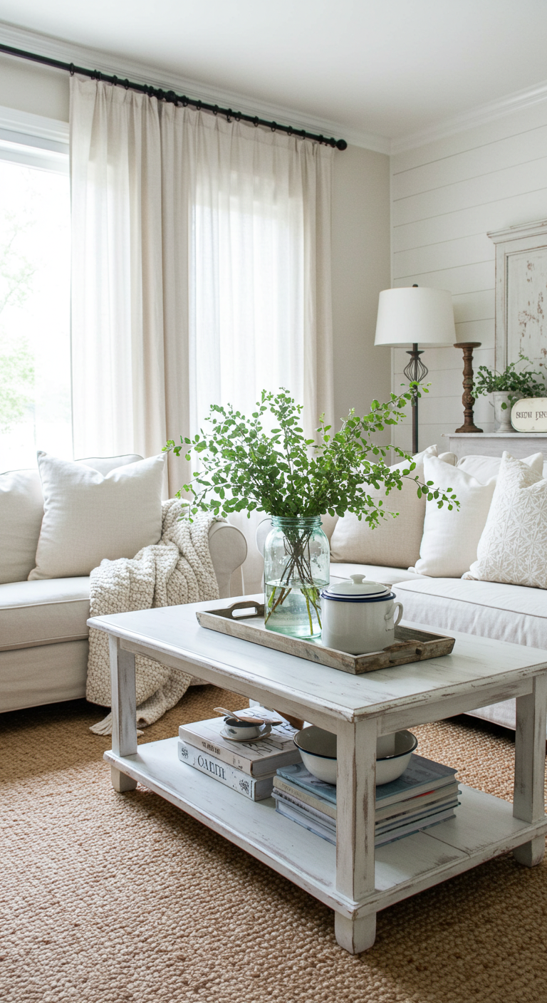 Bright, cozy living room with a vintage white coffee table. A glass jar with green foliage sits on top, surrounded by soft beige sofas and cushions.