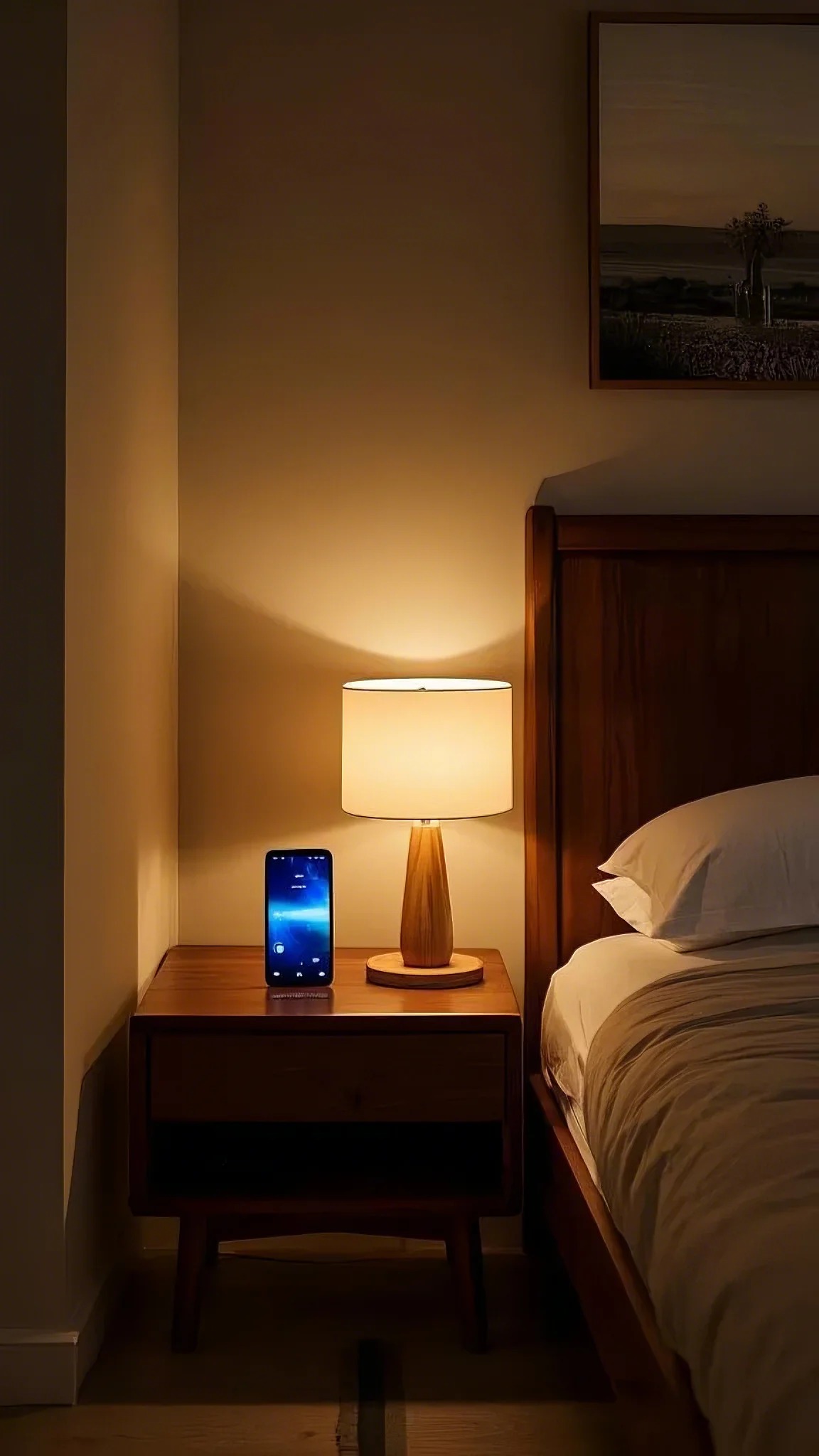 A cozy bedroom scene with a wooden nightstand holding a glowing lamp and a smartphone displaying a blue screen. The ambiance is warm and inviting.