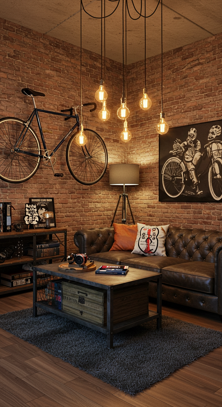 Industrial-style living room with brick walls, a vintage bike, and a leather sofa. Warm lighting from hanging bulbs and a floor lamp create a cozy ambiance.