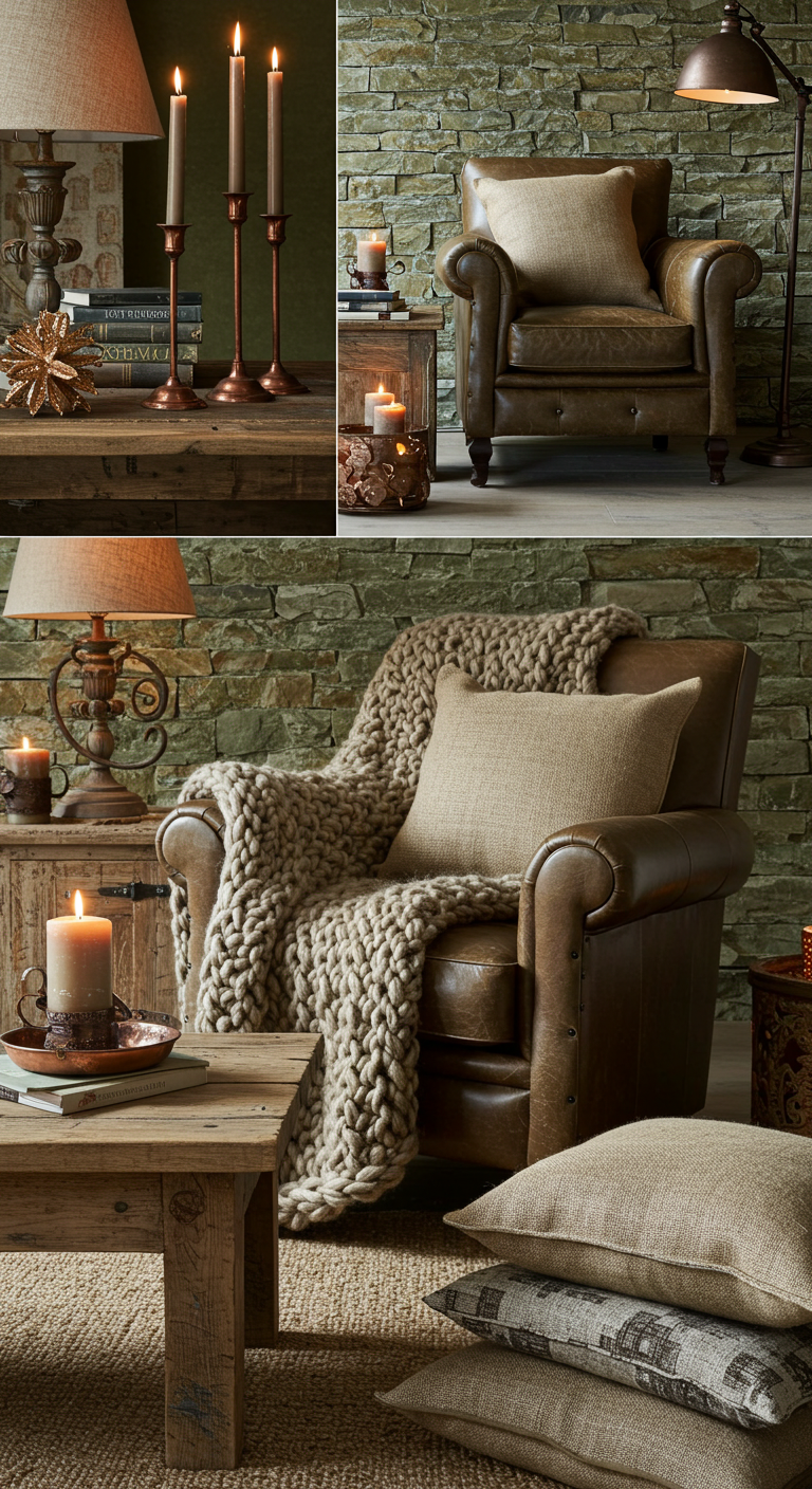 Cozy room with a brown leather armchair, knit throw, and beige pillow. Stone wall backdrop, lit candles, rustic wooden table, and soft lighting. Warm ambiance.